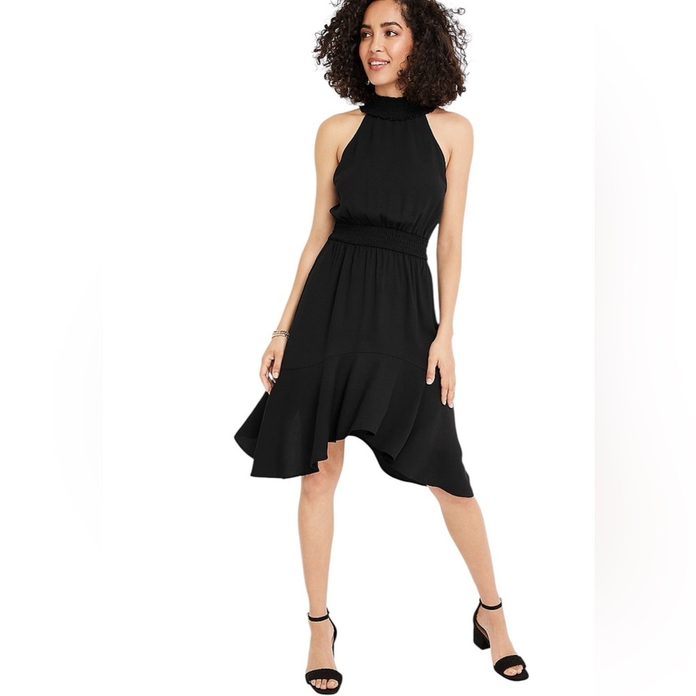 Maurices Black Smocked Halter Midi‎ Swing Dress Medium LBD Minimalist Chic Party